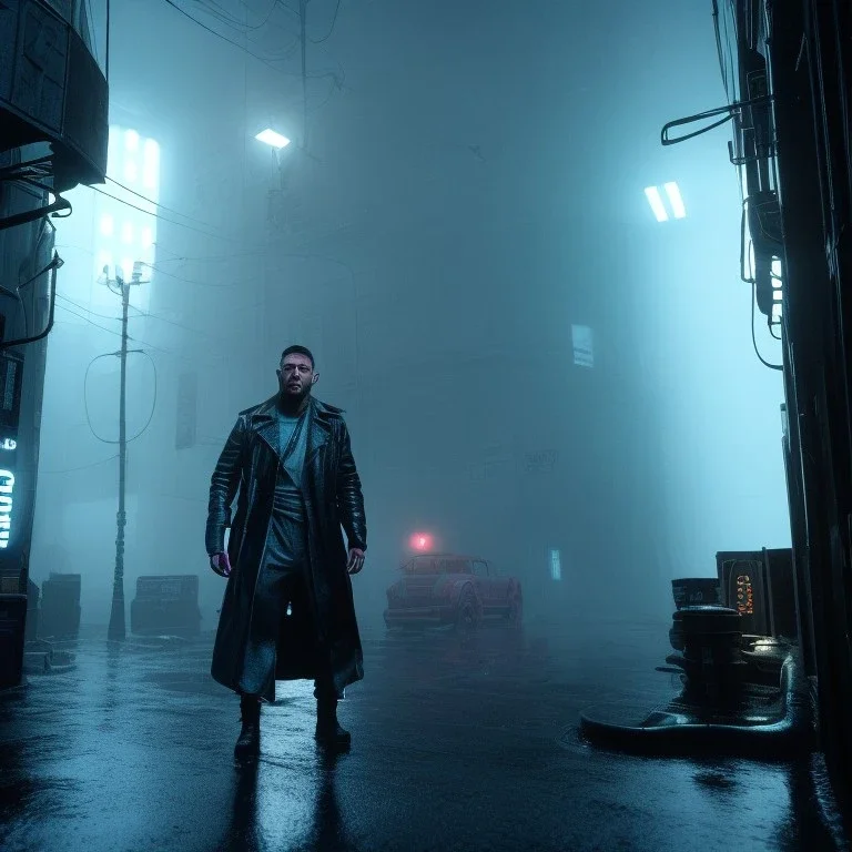 Actor, tom hardy, blade runner style, rain, fog, neon ambient, gradient color, clean skin, circuits, latex coat, cyber punk, neon, tubes, portrait, studio photo, unreal engine 5, smooth color, 16 bit, god lights, ray tracing, RTX, lumen lighting, ultra deatail, volumetric lighting, 3d, finely drawn, hd.