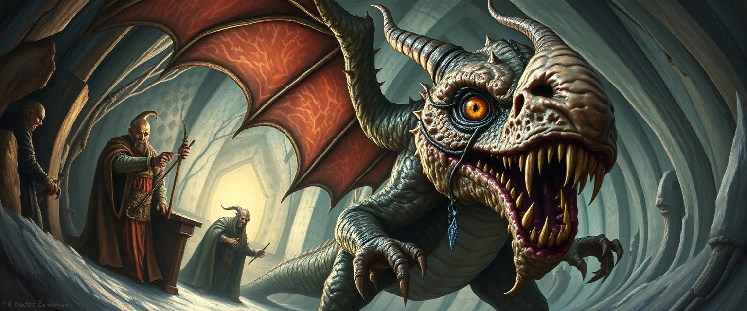 pin hole cam, master oil painting by Rembrandt, d&d monster gremlin dragon illithid beholder eye tyrant and lich in ice hall