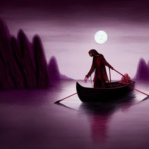 Charon the ferryman in his boat on the river Styx, red black purple colours, 8k, high definition, fantasy art, winding river, sharp jagged rocks, high contrast colours, sharp colours