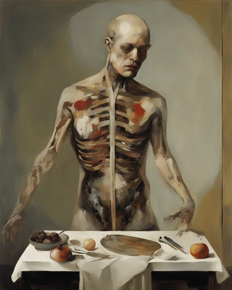 human body, universe-like table,complex surgical instruments mixed with human body-like musical instruments,minimalism,Painting By Adrian Ghenie, Rene Magritte, Salvador Dali, Lucian Freud