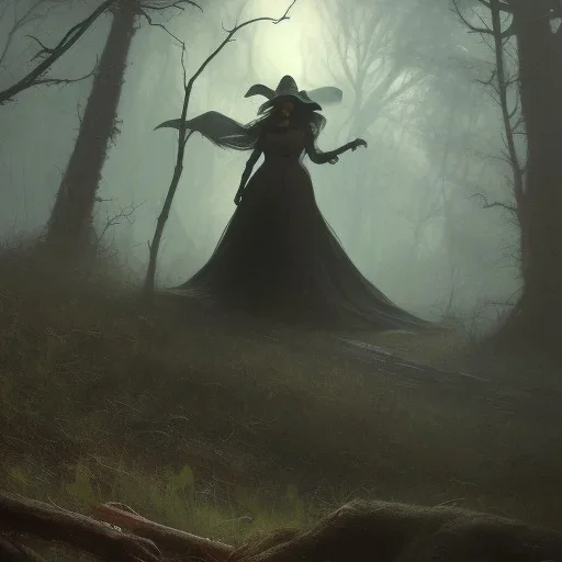 franz frazetta style, witch lurking in the forest clearing, dusk