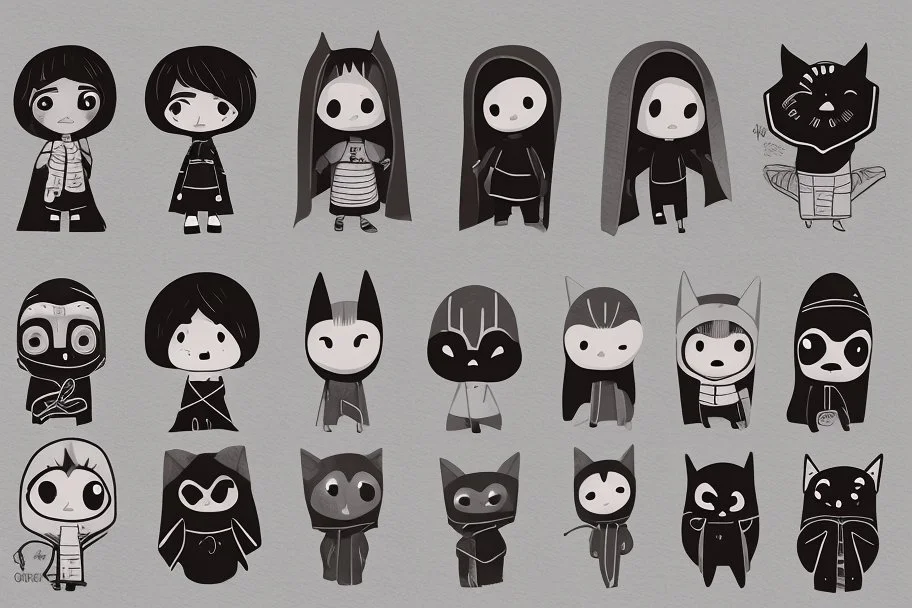 6 simple shaped hand drawn cartoon characters that are cute dark and have hoodies