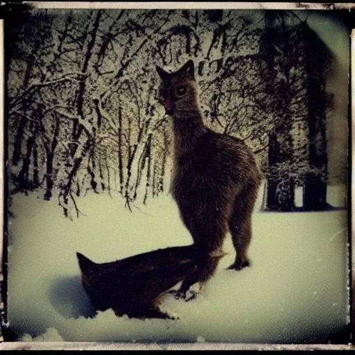 strange animal in the snow polaroid vintage style realistic