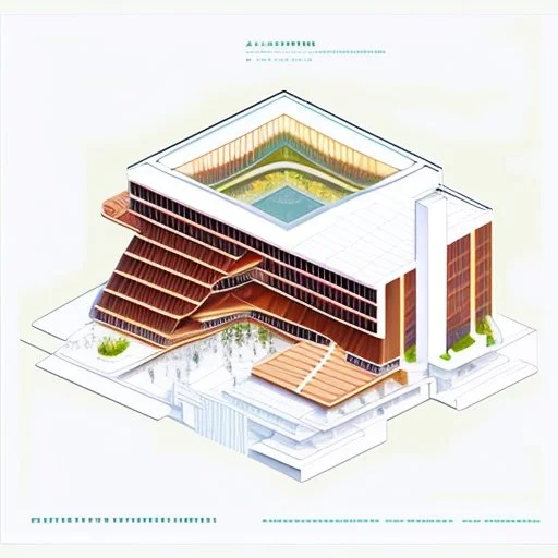 Architectural drawing of a Neofuturistic art museum, (((isometry))), ultra quality, people, treets