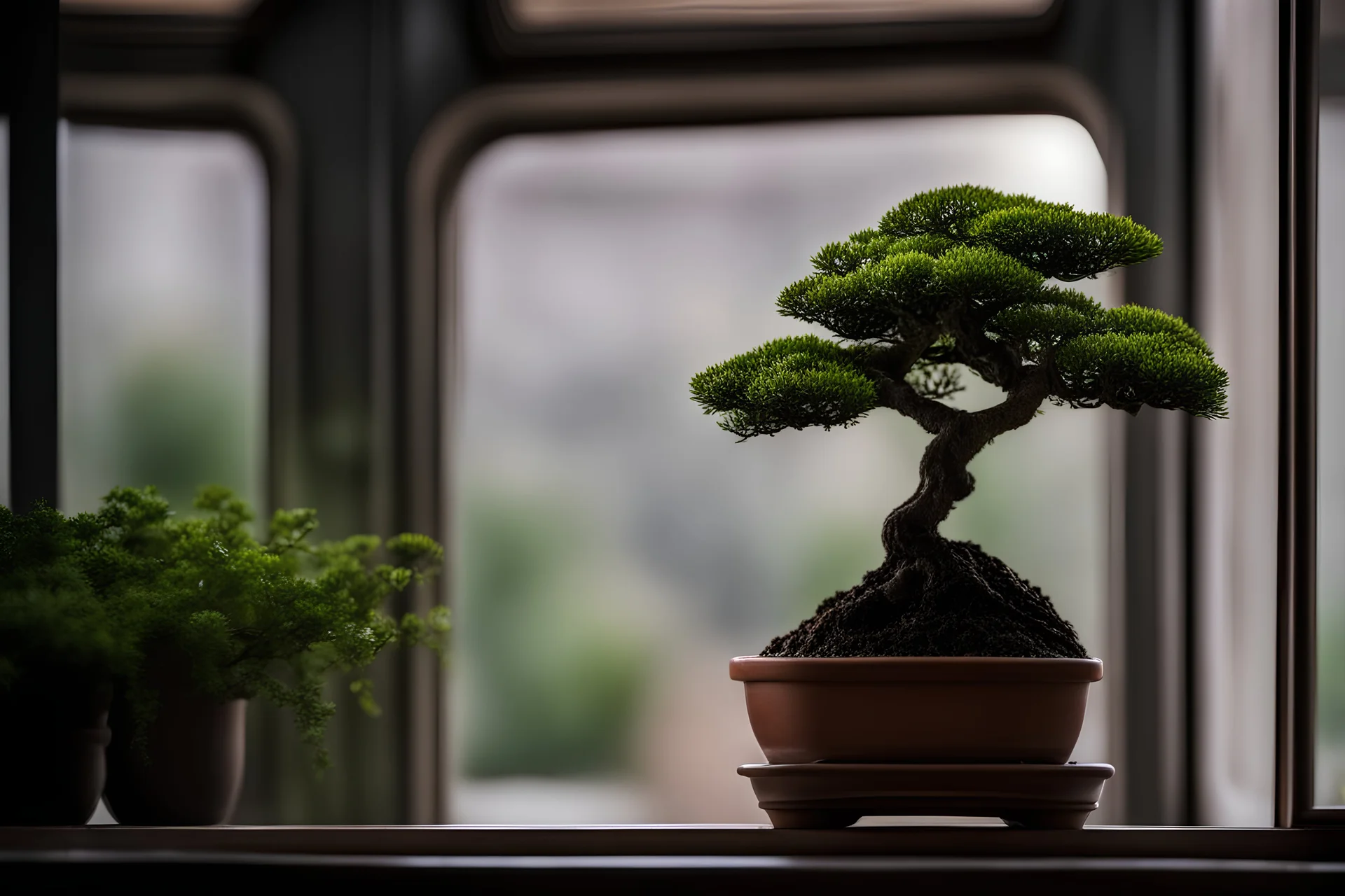 A small bonsai plant in a pot, by the window, blurry background