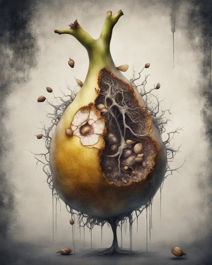 Grunge, woman as a decaying dried out Pear intricately showing its internal structure and seeds, cyberpunk, ultra unique natural textures, slight imperfections, vray. Modifiers: fantasy intricate dynamic lighting fantastic view hyperrealistic Unreal Engine matte background cinematic postprocessing VRay acrylic art pencil sketch creepy art station Gustave Klimt wet on wet watercolor Double exposure wet on wet Craig Rutkowski intricate fantasy