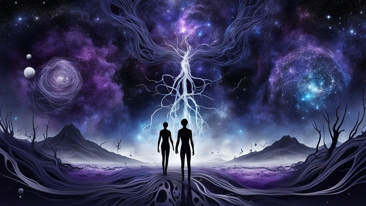 abstract 2d digital art graphic and ink montage,. Deep dark purple ,galaxy background with nebulas, human nervous system with fade little lights , white-dark blue-pale gray and black colors, Clean composition with strange surreal vibe, emotional, abstractions, neurodivergens soul and mind, cinematic, thriller, four little human dark shilouette floatings in universum