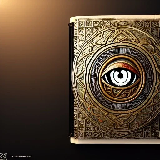 an ancient ornate intricate old time spell book cover with the sigil symbol of an eye emblazoned on the cover, cinematic, realistic, intricate detail, finely detailed, small details, extra detail, photorealistic, high resolution, 3D, path tracing, volumetric lighting, octane render, arnold render, 8k