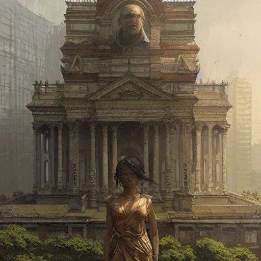 Depiction on the building and statues, highly detailed depiction, overgrown, building, old, 3d, concept art portrait by Greg Rutkowski