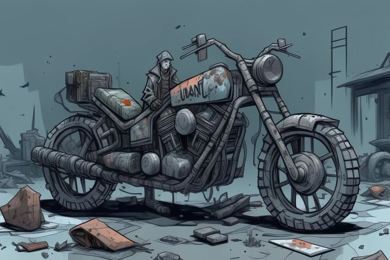 motorcycle, comic book,post-apocalypse, gray background,