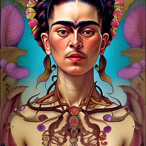 A beautiful portrait of Frida Kahlo by alphonse mucha, japanese tatoos, 4k, high details