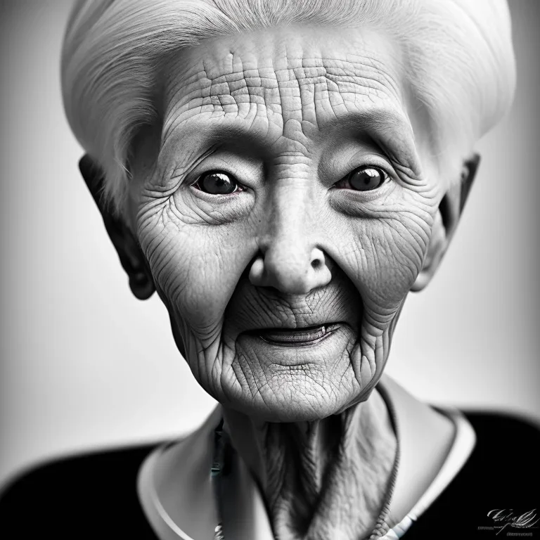 beautiful black and white photo portrait of an old woman white hair