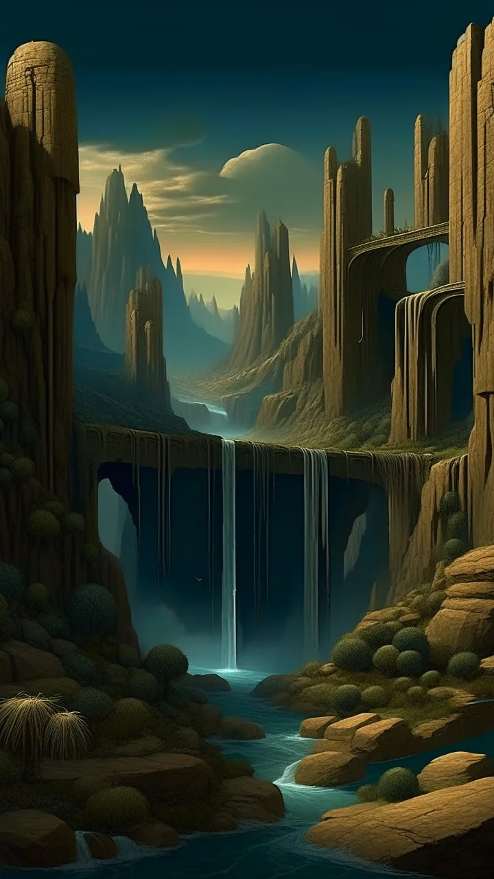 Fantasy city with 2 tall square black towers on the edge of a dam with a waterfall falling into a chasm below it in the mountains