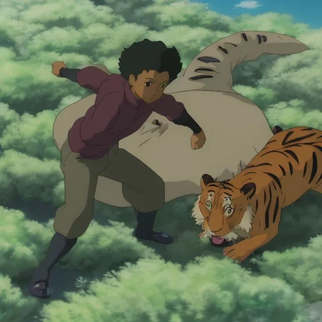 Black boy fighting a Tiger