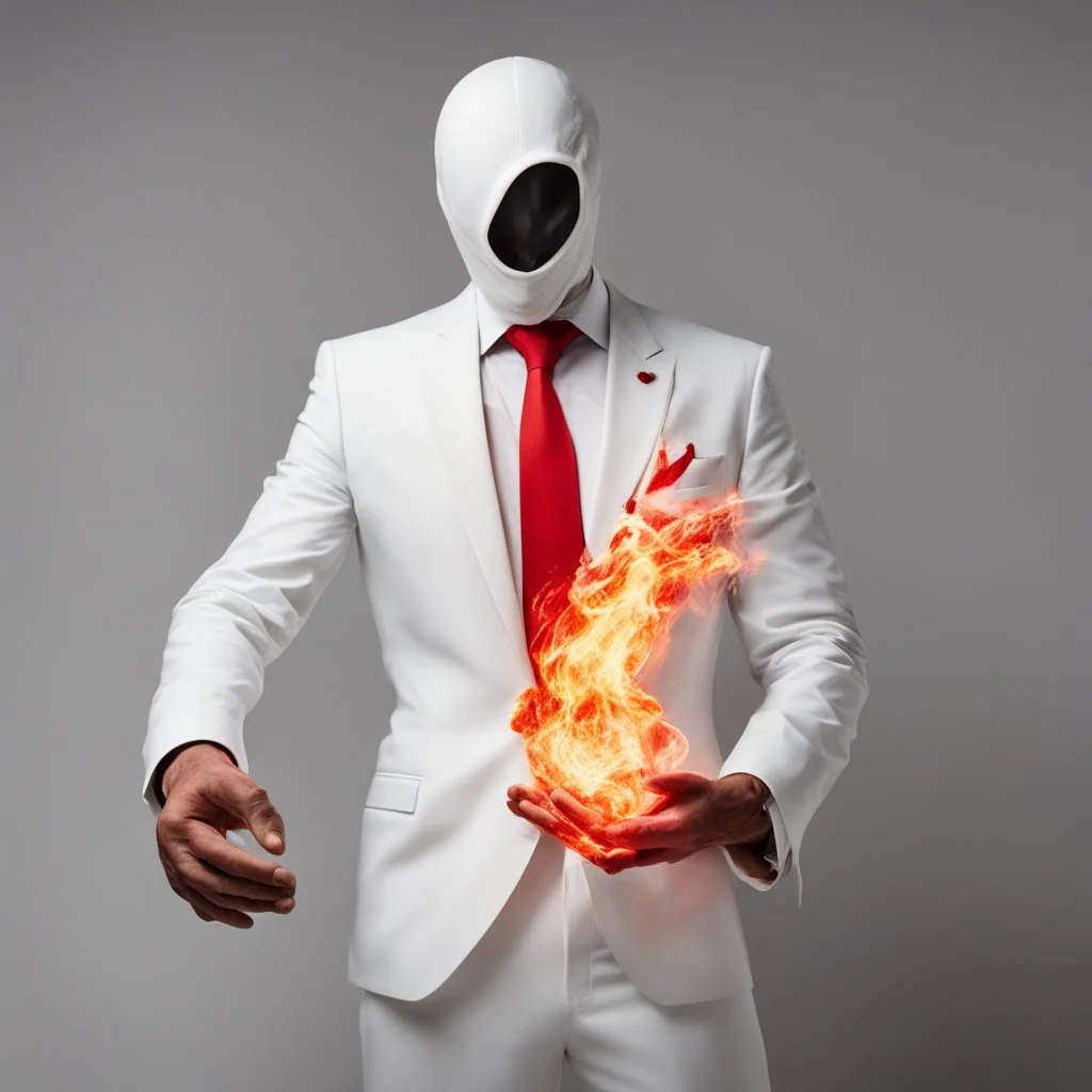 a man with fire in the palm of his hand wearing a white suit with a red tie who has no face