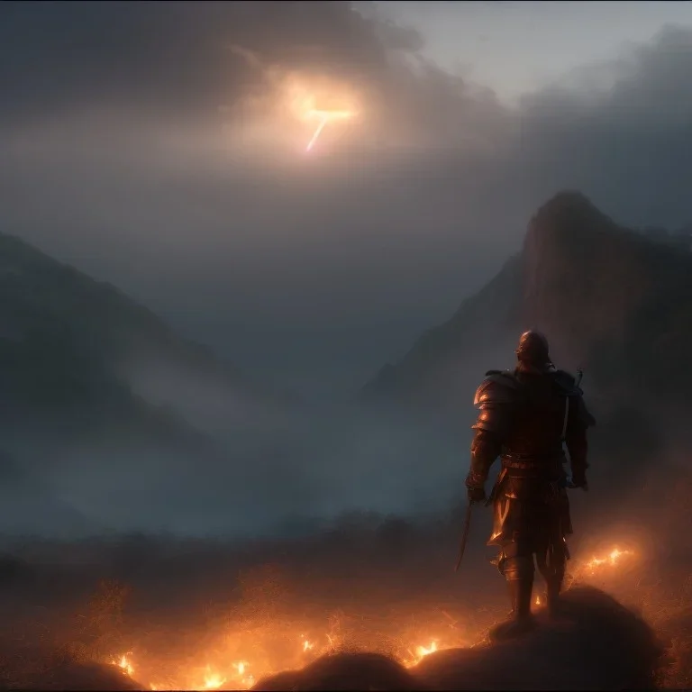 Distant epic scenary. Heavy rain. Epic Lighting in the night sky. Knight with magic scroll in hand. Falling meteorite in the sky. Fireball. Meteorite burning in the distance. Dark, black mud.