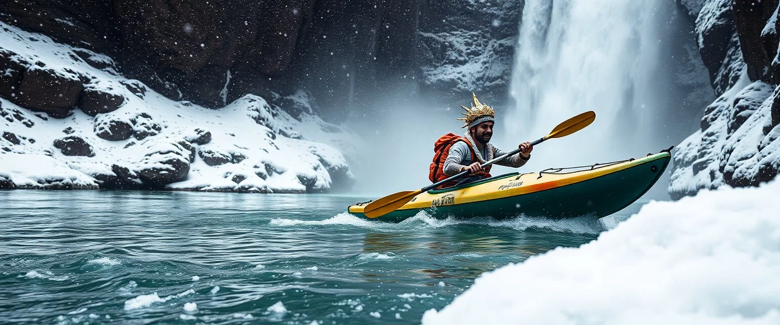 kayak in the valley of the super happy guru explorer in deep trouble by the water fall, glitter disco glam luxury sadist spiked camel pig in snow storm