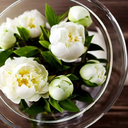 Cinematic shot of peonies inside a glass bowl, glass, crystal, dewdrops, warm lighting, luxurious, terrarium