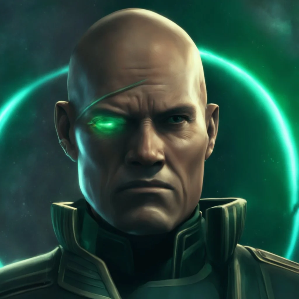 star wars bald male corellian jedi pilot wearing gunmetal grey and black old republic armored robes with gold trim inside the jedi temple holding a lightsaber with viridian green blade in left hand, centered head and shoulders portrait, hyperdetailed, dynamic lighting, hyperdetailed background, 8k resolution, volumetric lighting, light skin, fully symmetric details