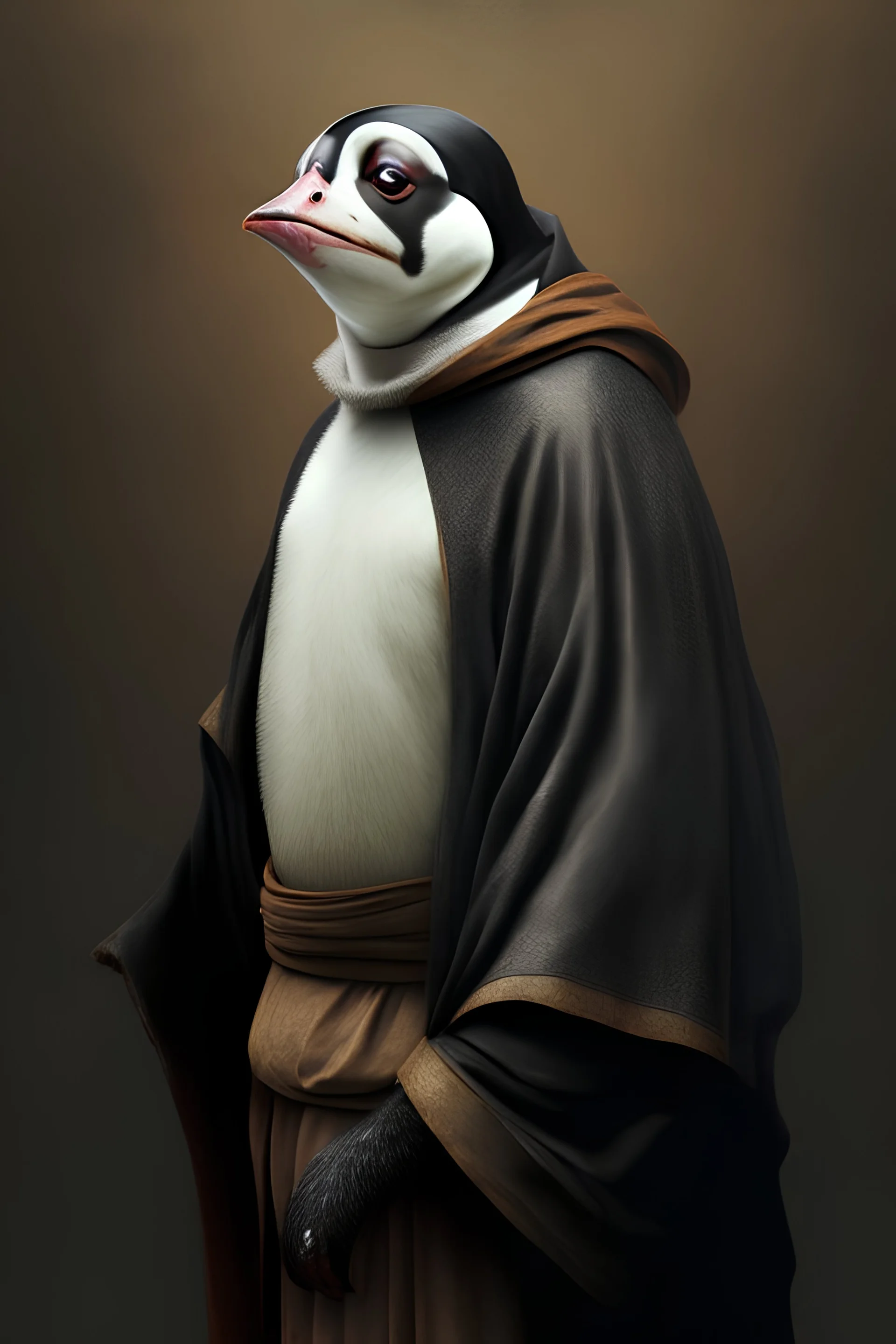 portrait of penguin dressed as a monk , realistic, looking in front