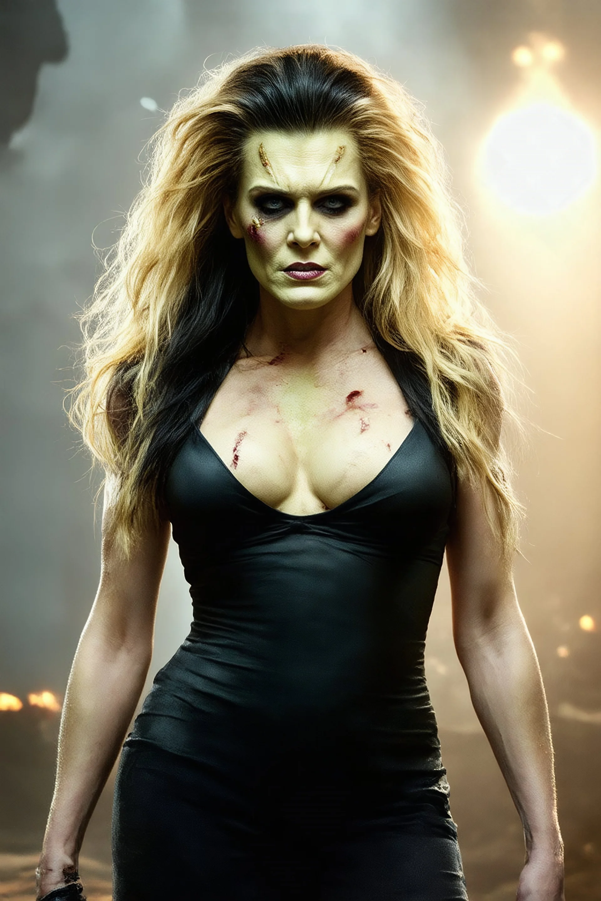 extremely busty, Anna Nicole Smith with Long black hair, massive Facial scars, different colored skin, as the female Frankenstein Monster from Guillermo del Toro's new Frankenstein movie, full-body portrait, ultra-detailed, ((((cinematic lighting)))), 4K resolution. ((((photorealistic)))), Towering figure, 6'5", muscular but gaunt, (((Suture Scars and patches of stitched together skin, stitched from mismatched human corpses:1.5))). Pale, cold skin with suture scars across chest, neck, and face.