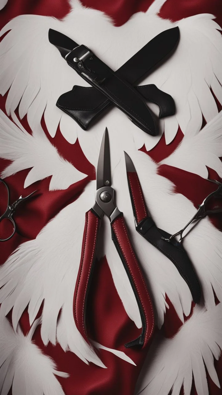 White clipped wings on a red fabric, next to scissors and black leather gloves. Cinematic image