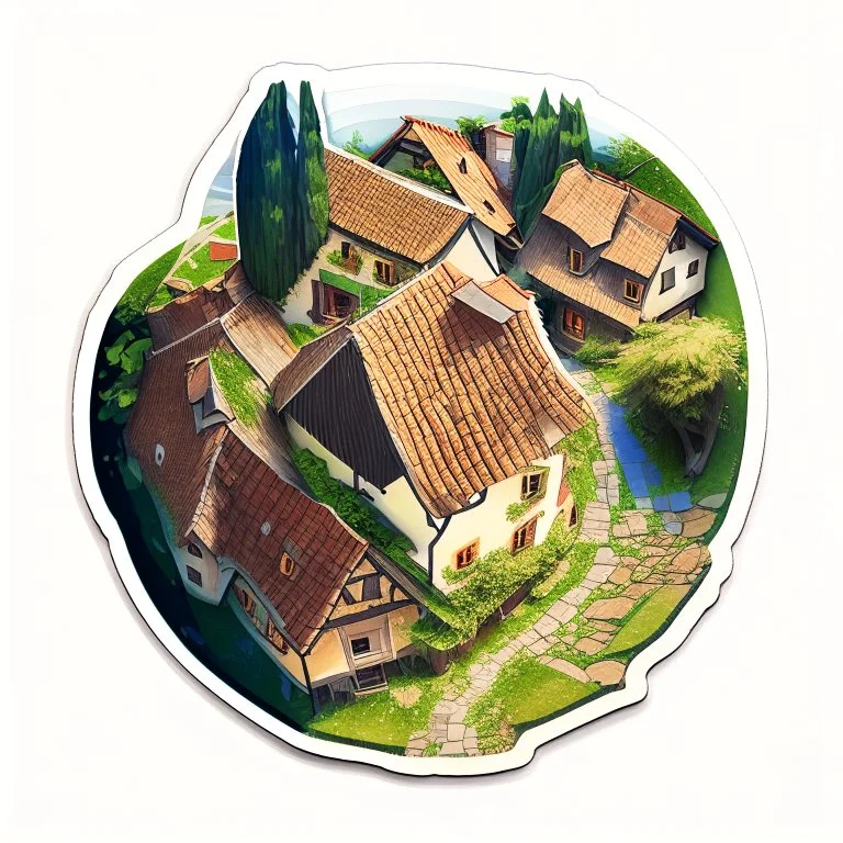 aerial view of a digital artwork of village house as a sticker