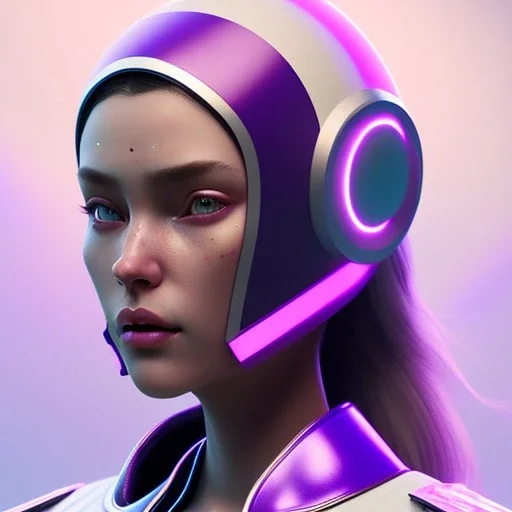 woman, rounded face, purple, round helmet, decorative color feathers, retro futuristic, latex coat, soft color, highly detailed, art stations, concept art, smooth, unreal engine 5, god rays, ray tracing, RTX, lumen lighting, ultra detail, volumetric lighting, 3d, finely drawn, high definition, high resolution.