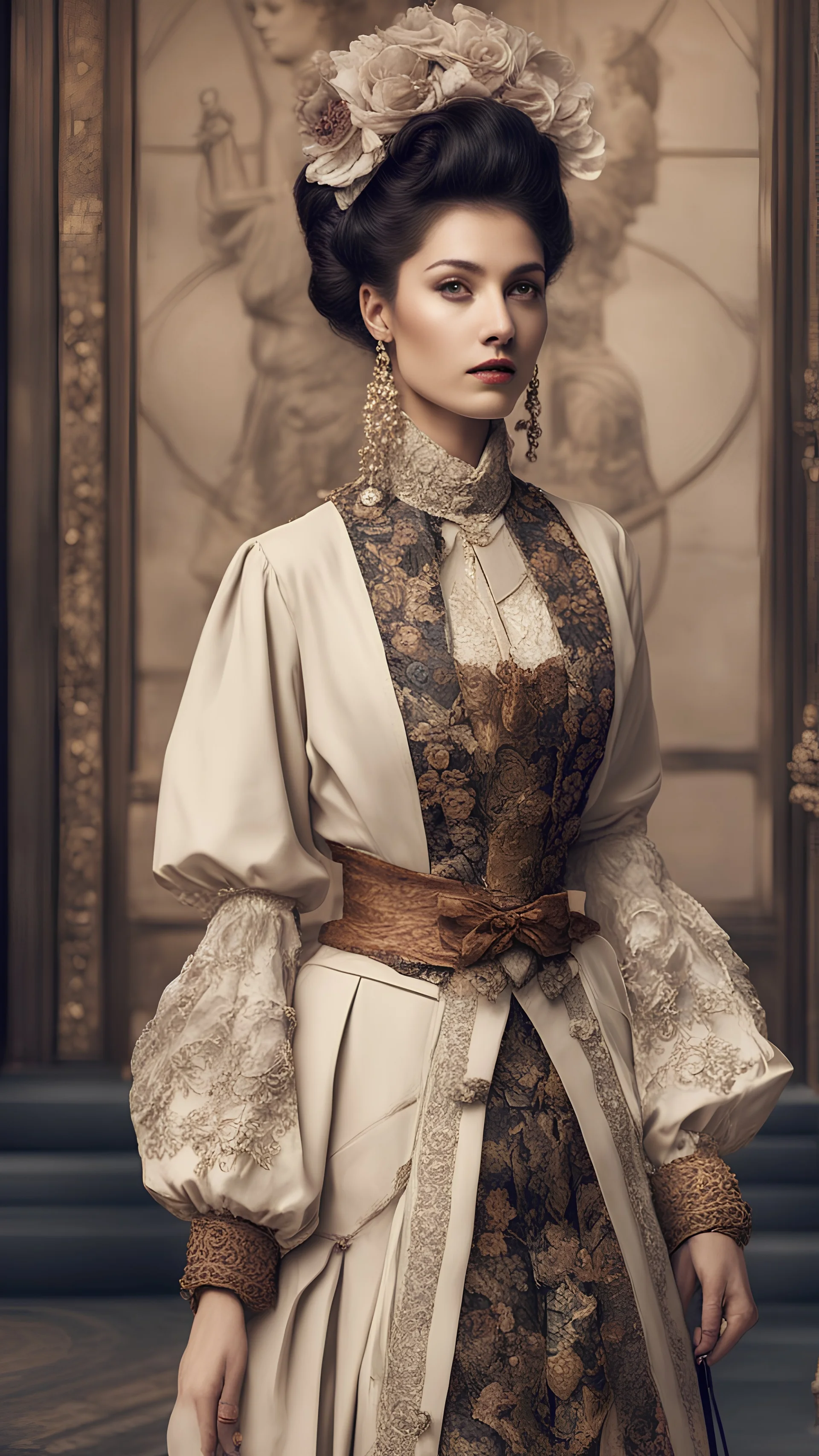 a woman dressed in a fusion of fashion styles from different eras, as if she's time-traveled through history. Experiment with intricate details in the clothing and accessories, blending elements from various time periods