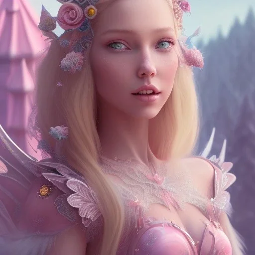 a pink castle, a cheerful fairy in front, big smile, pink, blonde hair, beautiful, whole face, whole top hair head, wide open blue eyes, transparent wings onn the back, hyperrealism, masterpiece, expert, cinematic lighting, sharp focus, 8K, pastel, macro lens, woman, detailed, flower