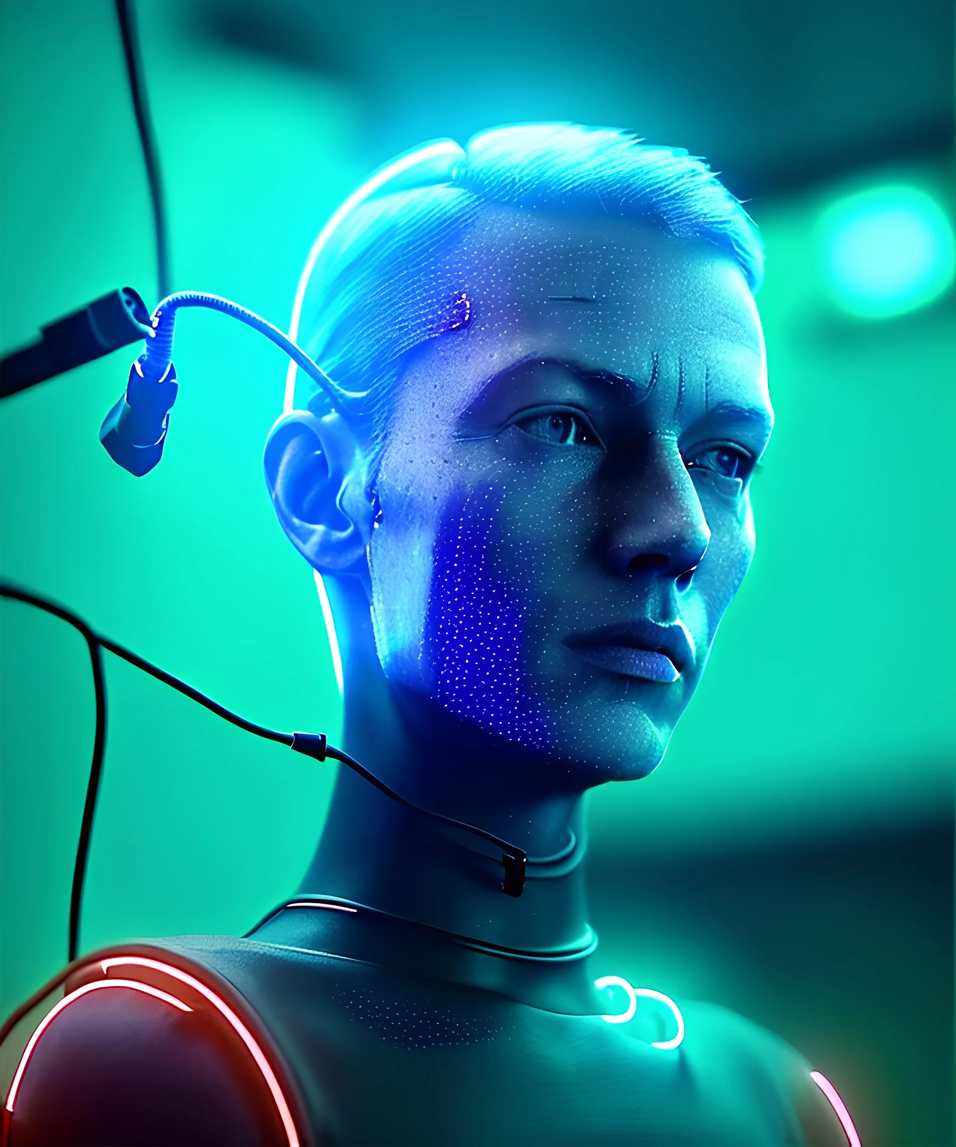 Ultra realistic photographic night portrait, cinematic, <sweet nordic woman> <hanging wires> <retro monitor> many wires coming out of the head <perfect pupil> <cyborg arm> <garage> <wide angle Shot> <sci-fi futuristic> <thriller>, neon lights, color fog, soft color, highly detailed, unreal engine 5, ray tracing, RTX, lumen lighting, ultra detail, volumetric lighting, high definition.