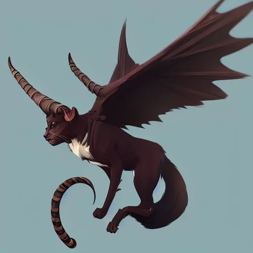 cat gargoyle with goat horns and wings on its back Nick Harris style