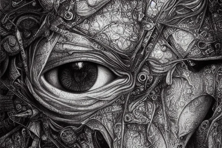 Extreme close-up, hyperdetailed photorealistic charcoal and ink mixed media drawing of a pair of eyes, vignette, tessellation fractal black and white, migraine migraineur pain, horror, stygian, gouache Jan Van Eyck John Stephens James McCarthy