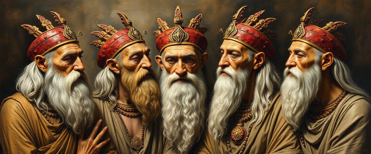master oil painting by Rembrandt, with spray paint and pen outline, realistic rendering Portrait of the Apkallu sages who were sent by the god Ea to teach civilization to humanity before the flood. They were depicted as half-human and half-fish or bird, and were associated with wisdom, magic, and culture.