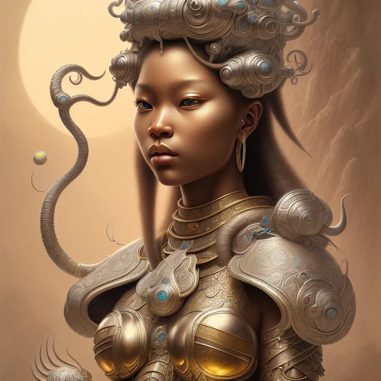 Sango fantasy, fantasy magic, intricate, sharp focus, illustration, highly detailed, digital painting, concept art, matte, art germ and Paul Lewin and Kehinde Wiley, masterpiece silver elephant head bronze Buddha Asian African girl nice breast Hawaiian hair turquoise golden waves