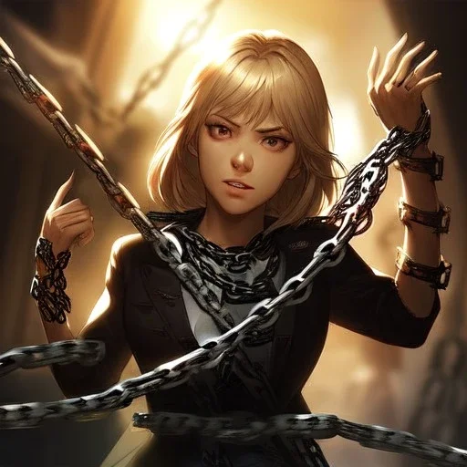 breaking out of chains, hands look realistic, chains are broken, anime, freed, breaking the links in a chain to escape