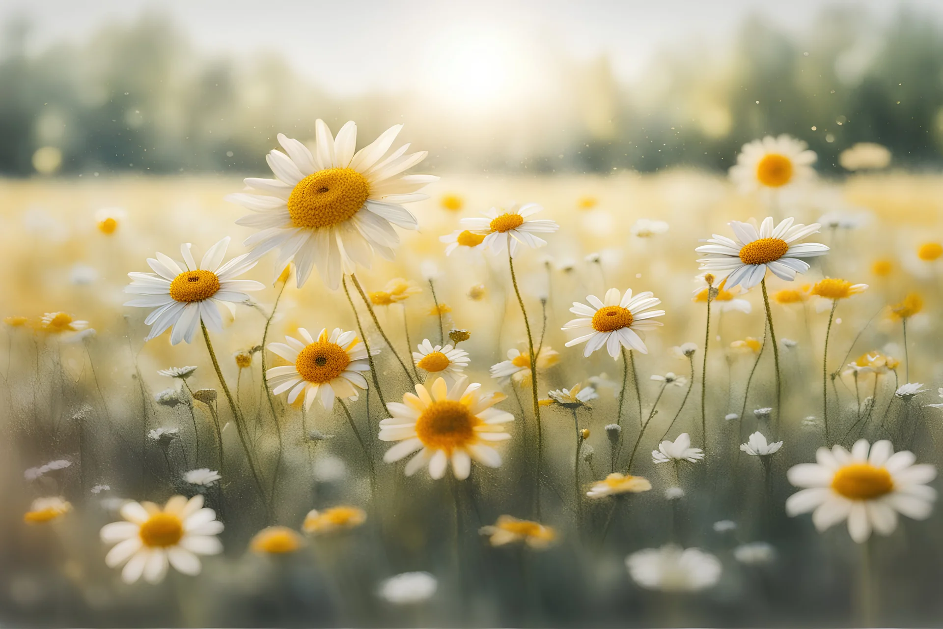 smiling faced daisy flowers playing football in sunshine, styles of Paul Klee Dee Nickerson and Tim Burton, melting watercolor and black ink outlines on wet paper, soft, shading strokes, in sunshine, ethereal, cinematic postprocessing, bokeh, dof