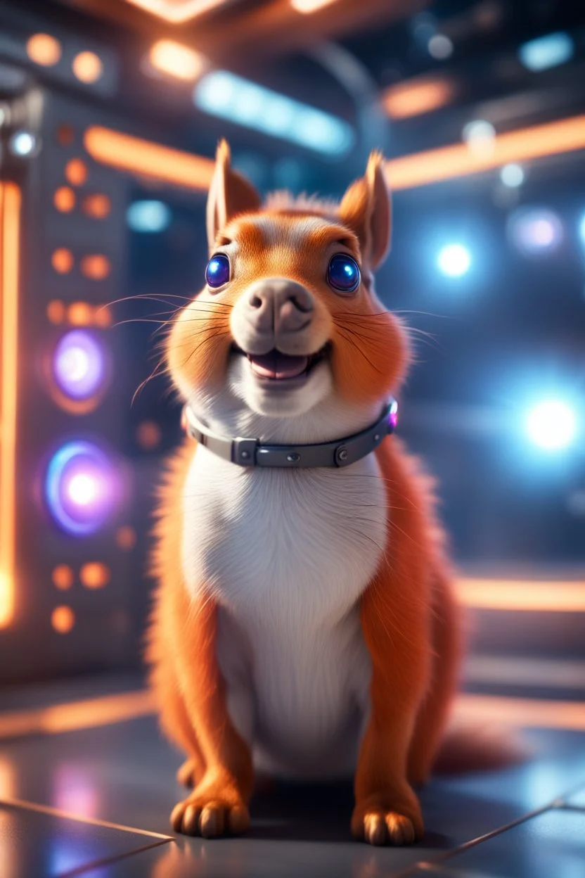 portrait of ultimate transcendent happy chat squirrel dog cat space hippo horse with spotlights, in advanced hi tech dock prison in front of space portal dimensional glittering device, bokeh like f/0.8, tilt-shift lens 8k, high detail, smooth render, down-light, unreal engine, prize winning