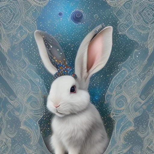 white platinum rabbit with blue third aye and butterfly wings, aboriginal, dot painting, indiginous, dot, mud, dream-time, abstract, dots, natural pigment, extremely sharp detail, finely tuned detail, ultra high definition, 8 k, unreal engine 5, ultra sharp focus, art germ and Paul Lewin and Kehinde Wiley, winter ambiance