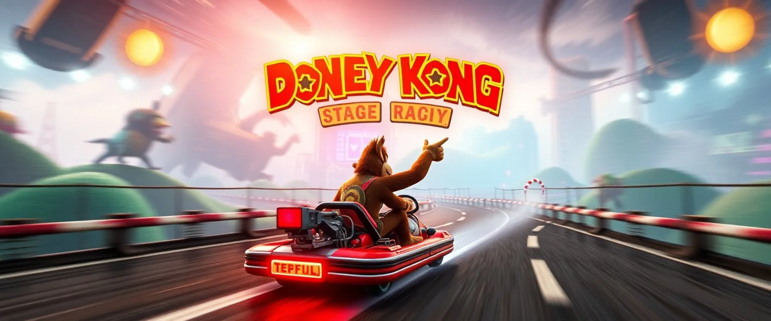 donkey kong bowling stage racing, motion blur, weird creatures, mini racing kart, fences and hills, pits and pendulums, and cranes and squids, fog, smoke, oil slick, spies