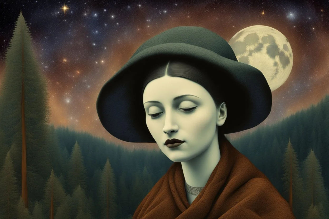 forests fall asleep in my arms, sky background;stars,lens flare,moonrays,by artist "Betye Saar";by artist "Canan Berber";by artist "Kaikai Kiki";by artist "Christian Schloe",by artist "Arthur Garfield Dove"