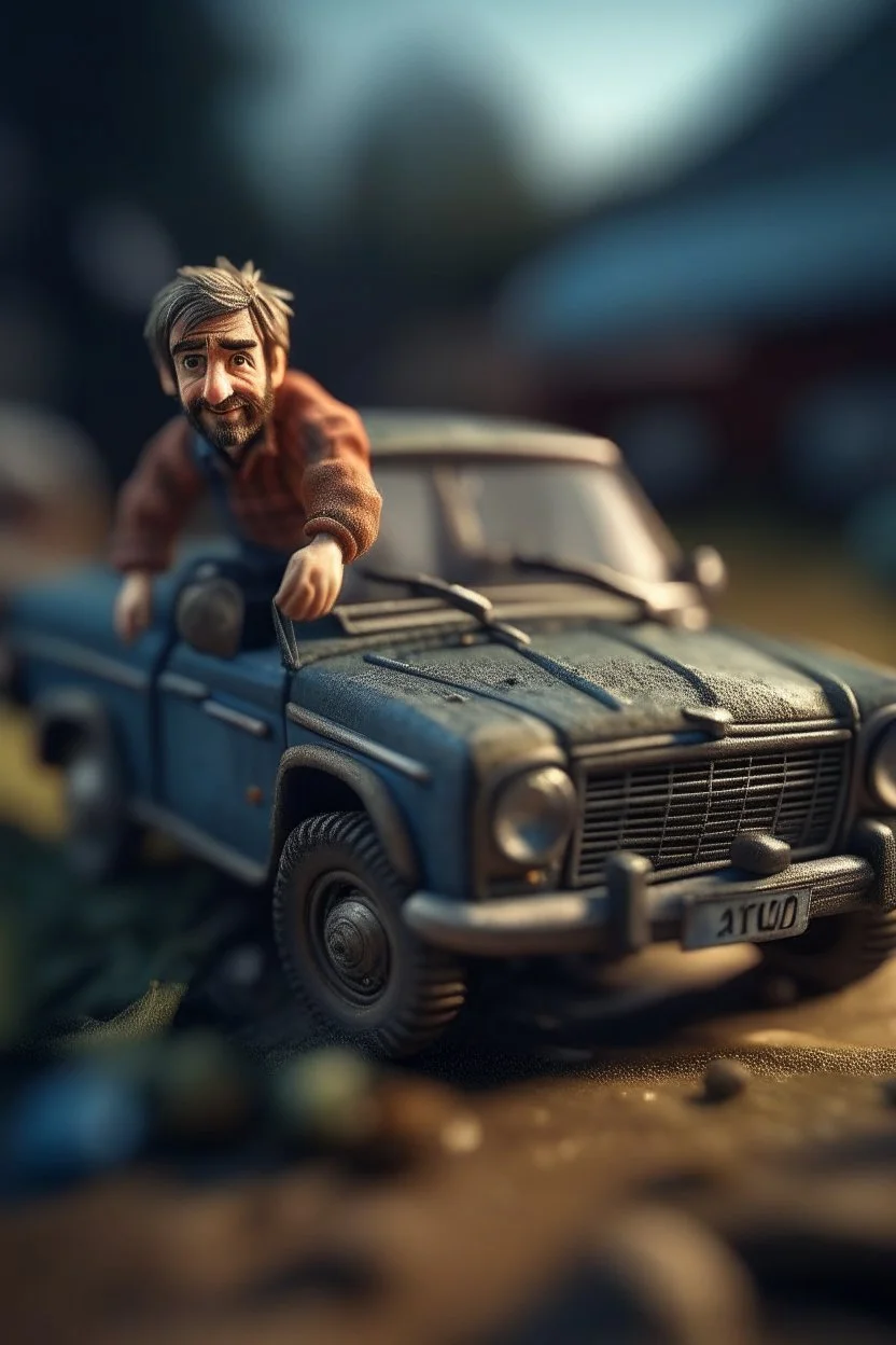 portrait of man stuck in small deformed car after a crash sticking his feet out of the bottom like Fred Flintsone,shot on Hasselblad h6d-400c, zeiss prime lens, bokeh like f/0.8, tilt-shift lens 8k, high detail, smooth render, down-light, unreal engine, prize winning