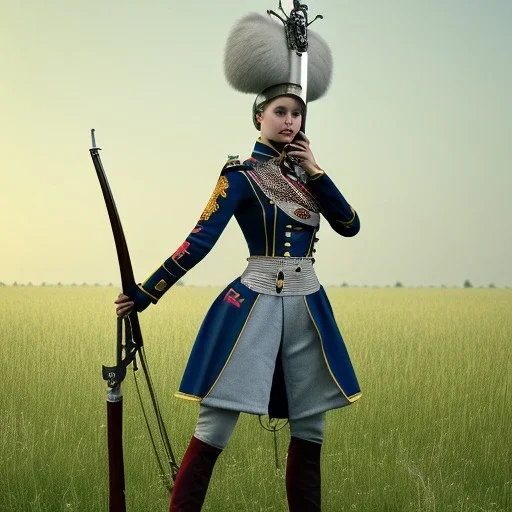 female line infantry, napoleonic, armed with musket, feminine corset, ankle boots, thighhigs miniskirt, hair in pigtails, wearing tricorn hat, opera mask, full body shot, standing in field, looking into distance, hyperrealism photorealistic, detailed elaborate