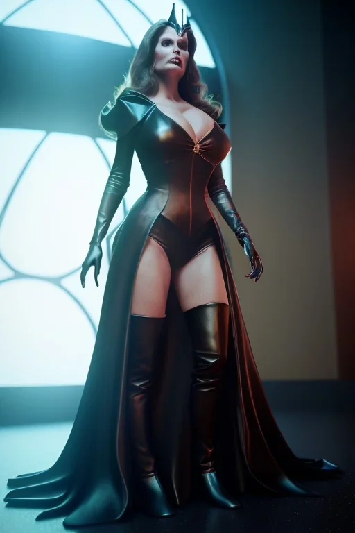 Raquel Welch as evil queen in black leather gown, angry, busty, curvey, cleavage, unreal 5, octane render, cinema4d, dynamic lighting, dramatic lighting, 4k, redshift render, highly detailed, hyper realistic