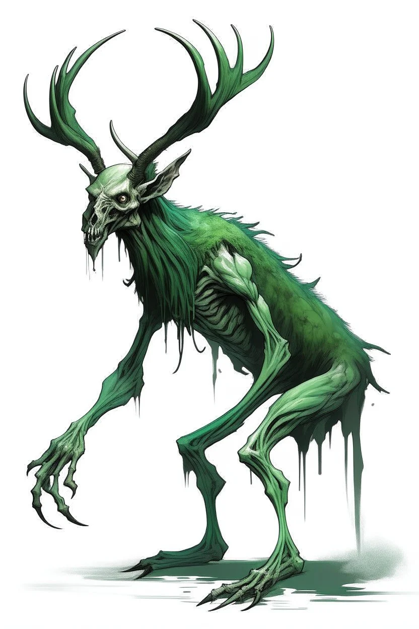 wendigo green fur slightly hunched over with deer skull covering head and face, fingers ending in claws with long arms reaching knees which bend backwards, eyes that are sunken back, full body image