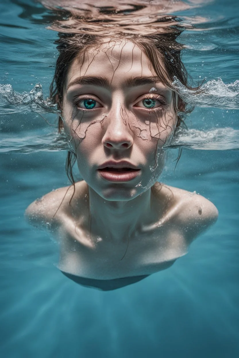 Artwork of t-shirt, Wide angle, half of face on water surface of a woman eyes are full of tears in swimming pool. Broken heart, sadness, down deep