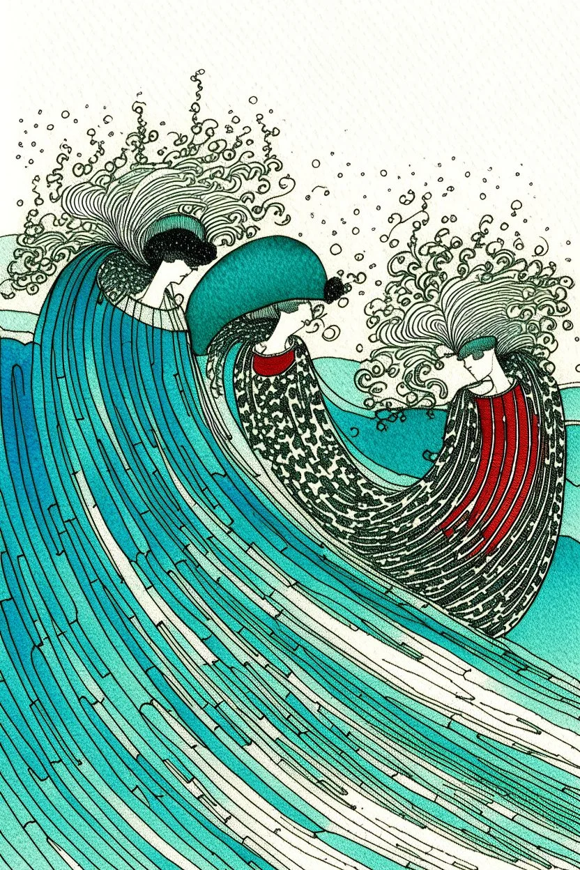 sea wave aerial view, pen line sketch and watercolor painting , Inspired by the works of dada with a fine art aesthetic and a highly detailed, realistic style