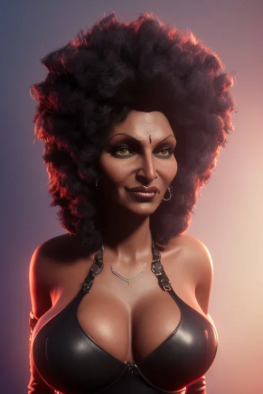 Pam Grier as evil queen in black leather, leather, busty, cleavage, angry, stern look. character design by cory loftis, fenghua zhong, ryohei hase, ismail inceoglu and ruan jia. unreal engine 5, artistic lighting, highly detailed, photorealistic, fantasy