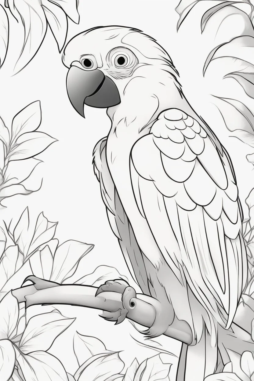 blank colouring book, white blank background, simple picture for toddlers, parrot as a pet, disney and pixar style