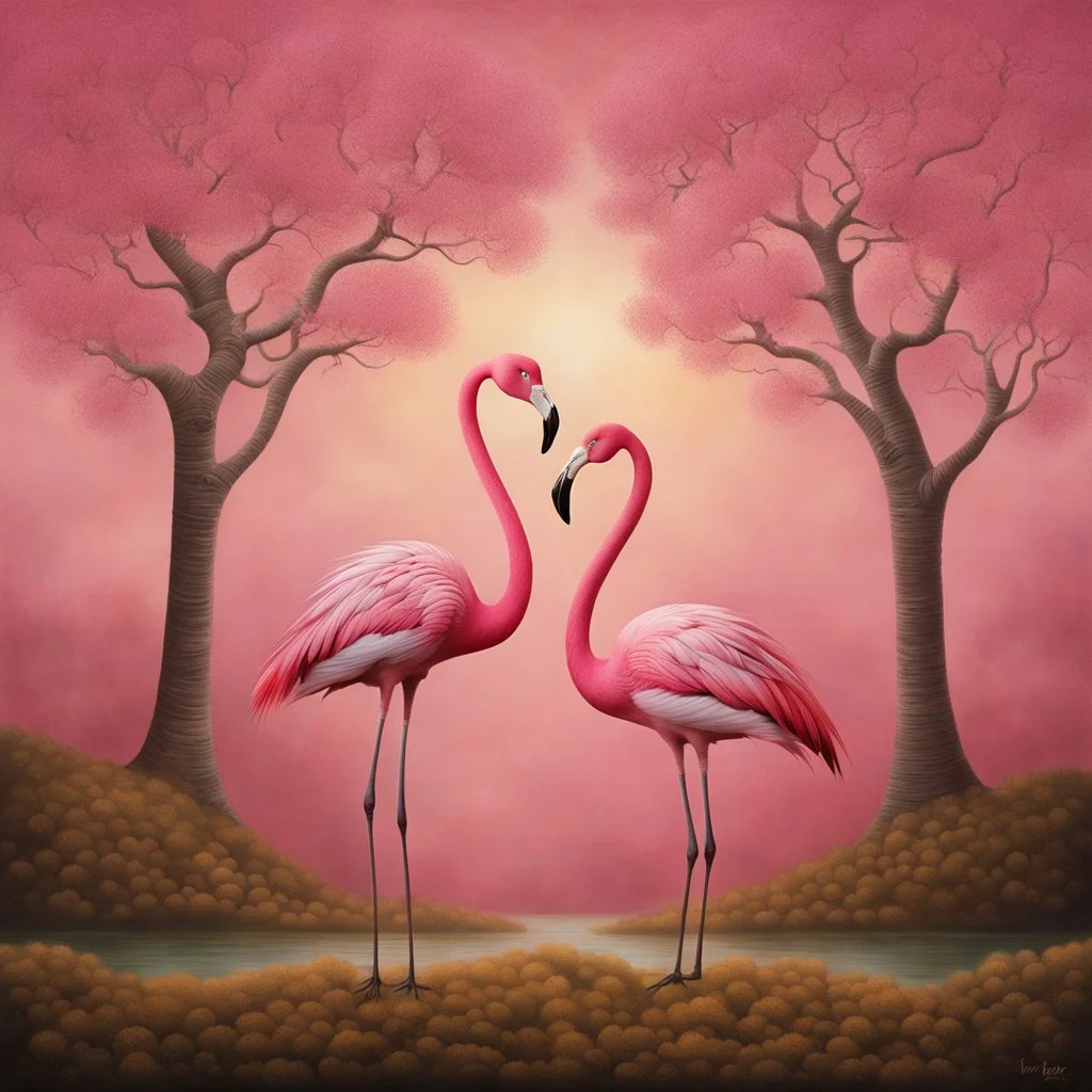 A hybrid fusion of a tree and a flamingo, delicate pink feathers sprouting from the branches, graceful flamingo body and neck trunk that curves into flowering foliage, surrealism, by Yves Tanguy, by Andy Kehoe, colorful, graceful.